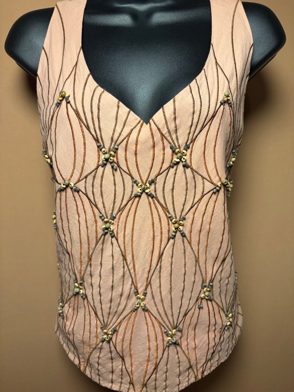 Beaded Embroidered Cotton Tank Top Taupe Size M